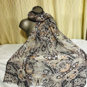 Elegant Black and Gray White And Peach Tones Paisley Patterned Scarf